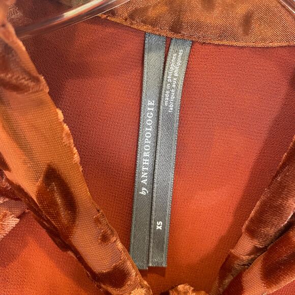 Anthropologie Velvet Burnout Blouse Tie Neck Floral Peplum Sienna Brown NWT XS - Picture 4 of 8